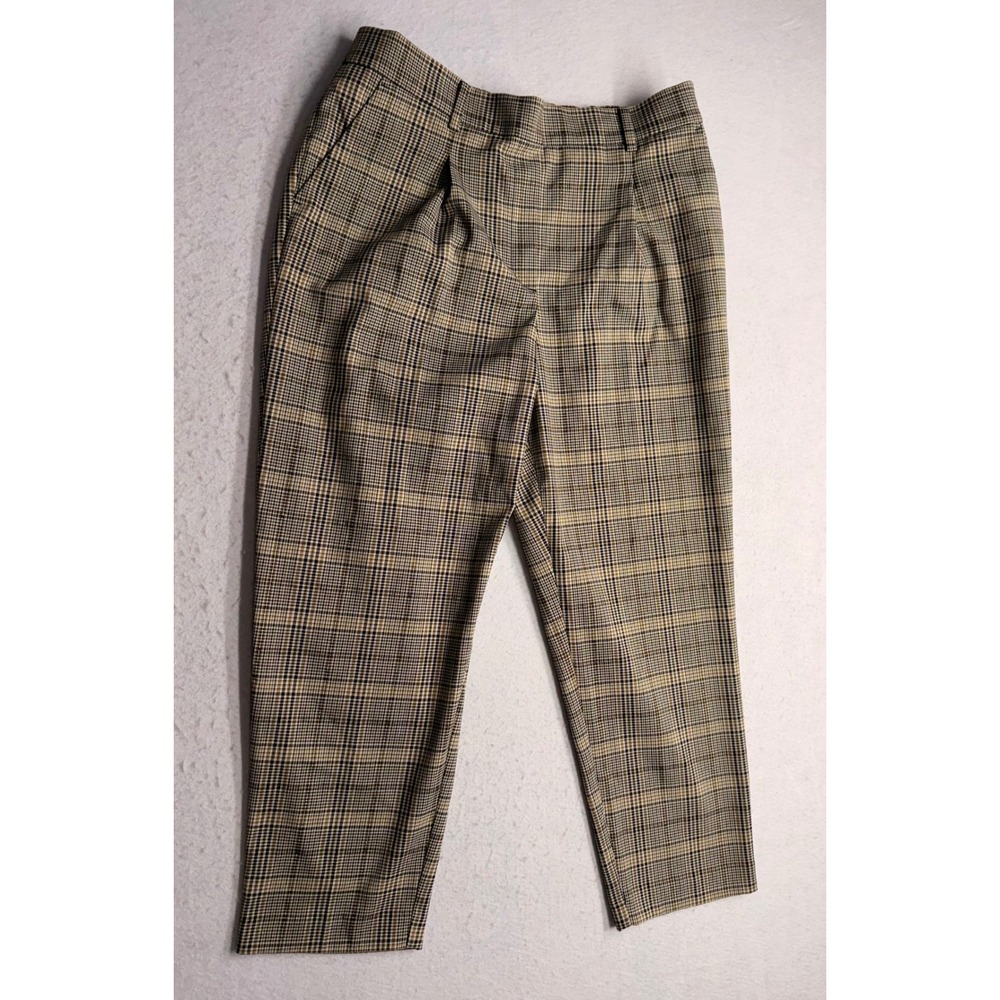 LOFT Glen Plaid Metallic Gold Ankle Pants Brown Black Pleated Tapered Large